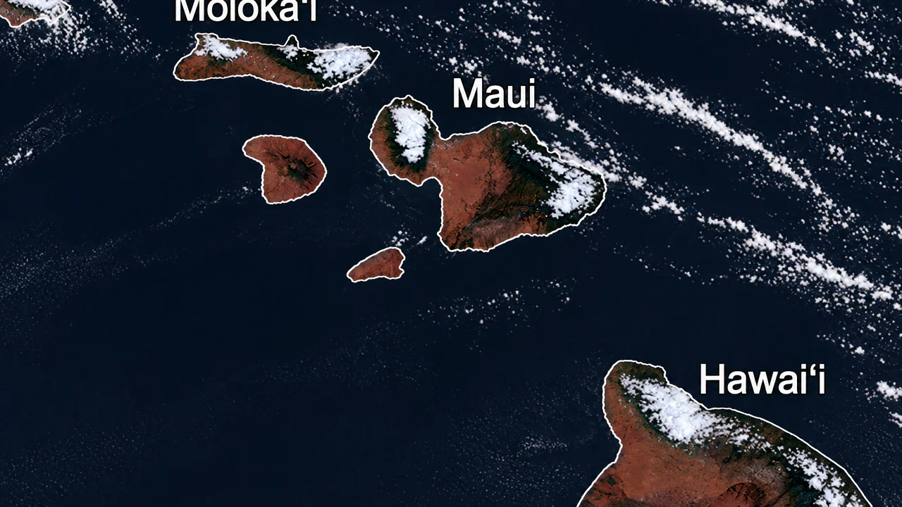 A NASA satellite view of Moloka’i, Maui and Hawai’i from above, dark ocean around brown islands and white clouds.