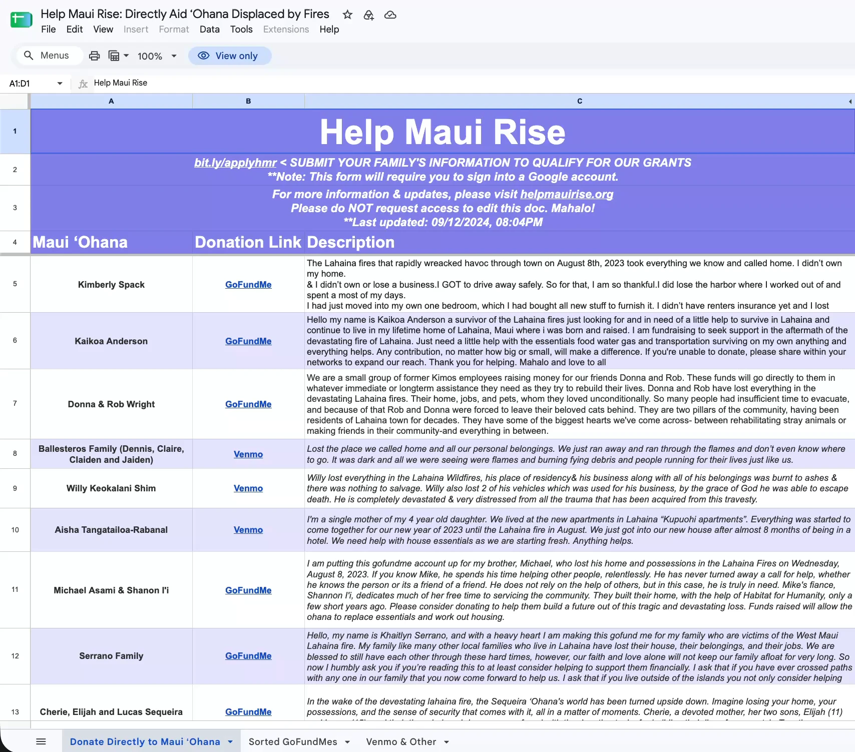 A screenshot of the “Help Maui Rise” spreadsheet: a purple header row, then each Maui ‘Ohana family with a donation link and a description.